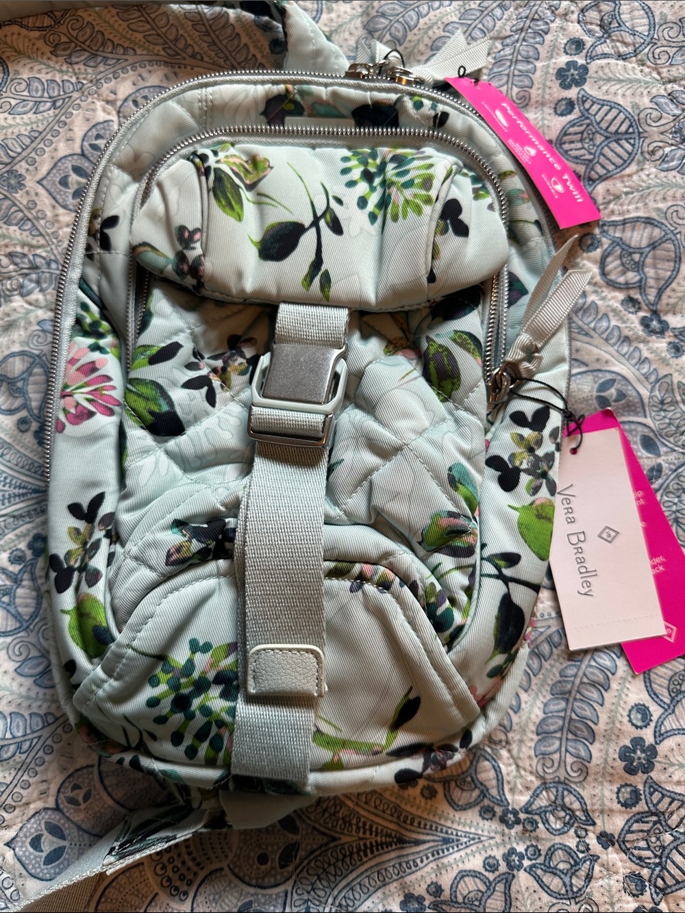 Vera Bradley Mint Floral Quilted Mini Backpack with Pink Accent Tags